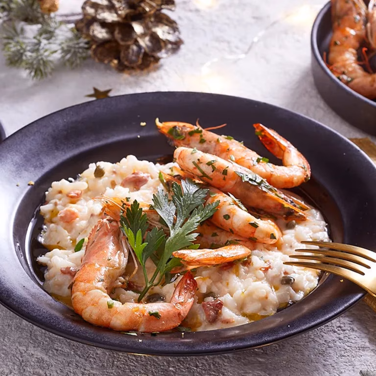 Risotto cytrynowo-kaparowe ze smażonymi krewetkami