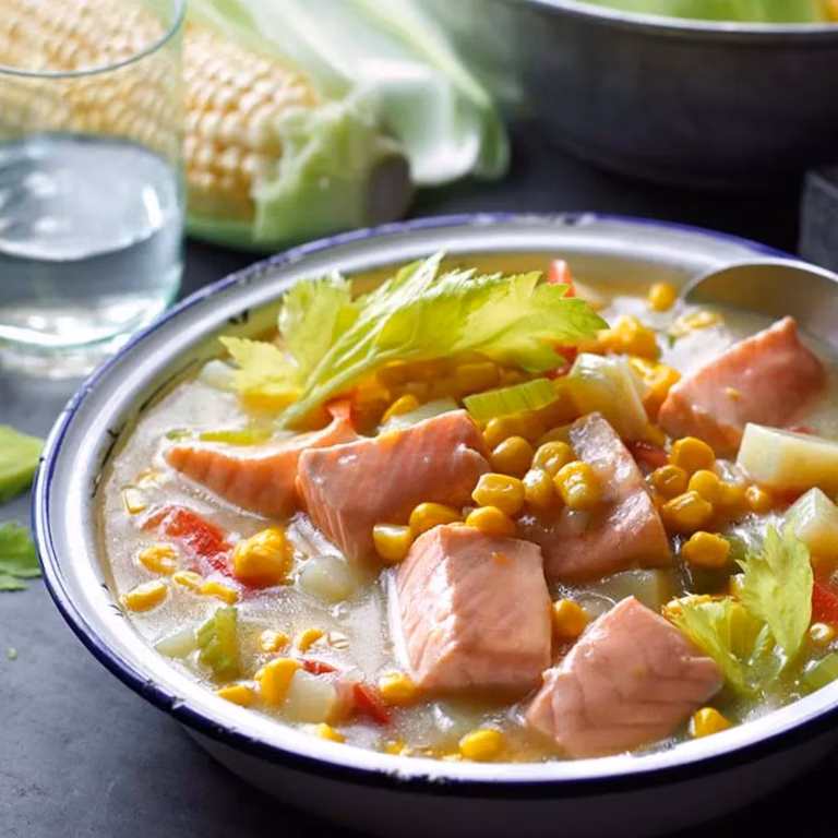 Chowder z łososiem i kukurydzą