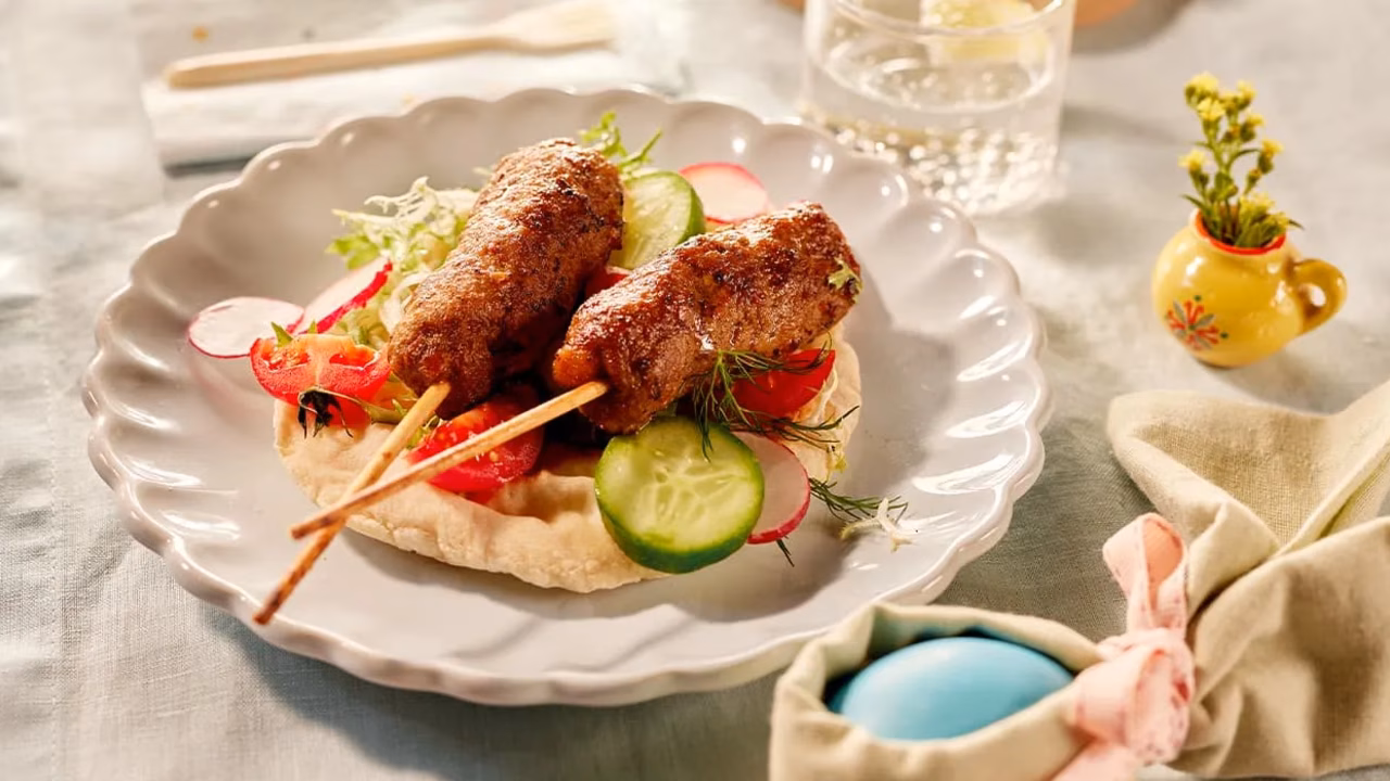 Szaszłyki kofta z mięsa mielonego z chlebkiem pita i ajwarem