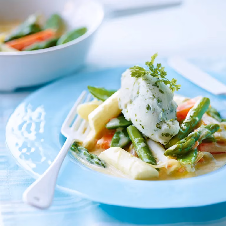Szparagi z ziemniaczanym purée z trybulą