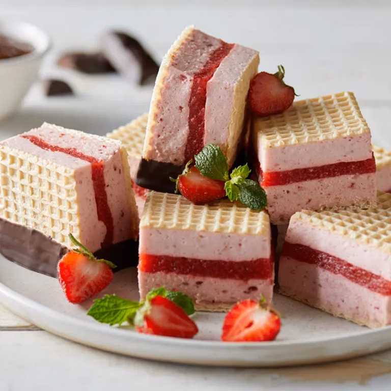 Wafle przekładane pianką i galaretką z truskawek