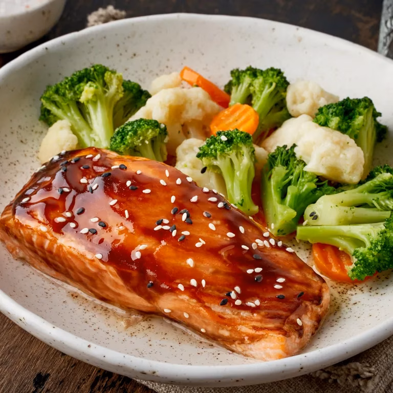 Łosoś w sosie teriyaki z warzywami na parze