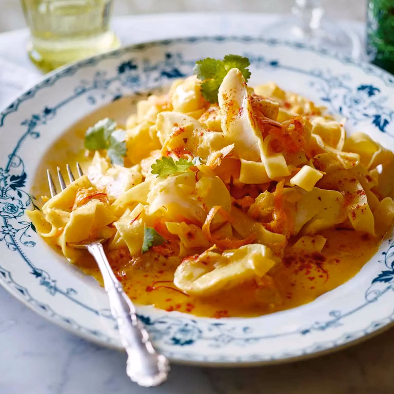 Tagliatelle i dorsz w sosie szafranowo-pomarańczowym