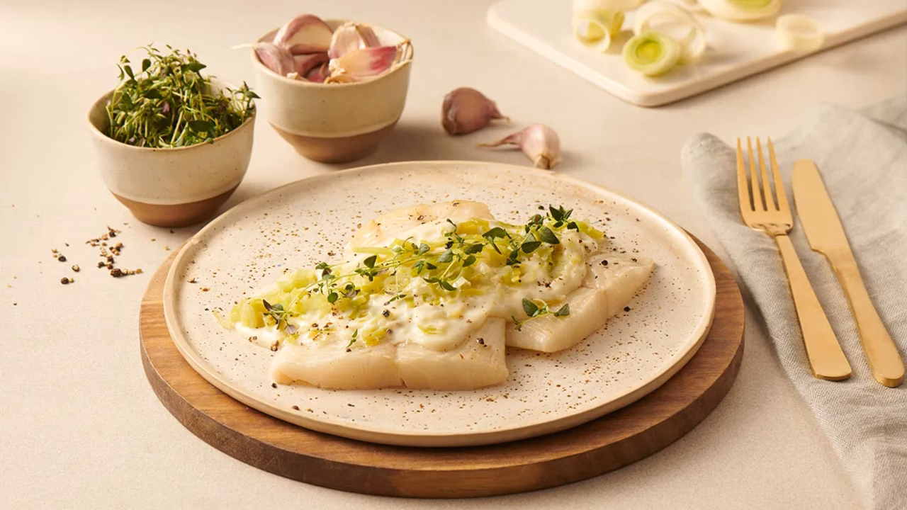 Halibut w beszamelu z duszonym porem