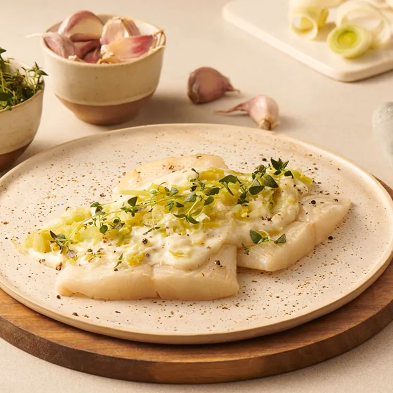 Halibut w beszamelu z duszonym porem