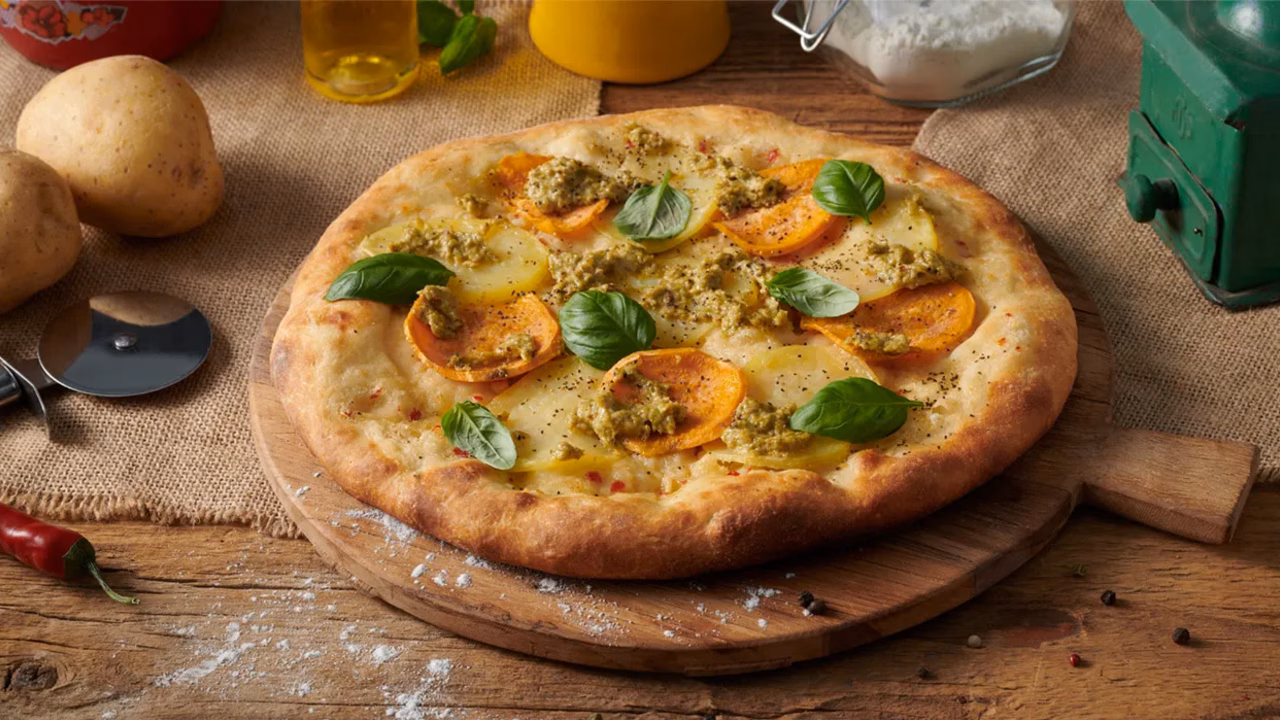 Wegańska pizza z ziemniakami, białym sosem i pesto