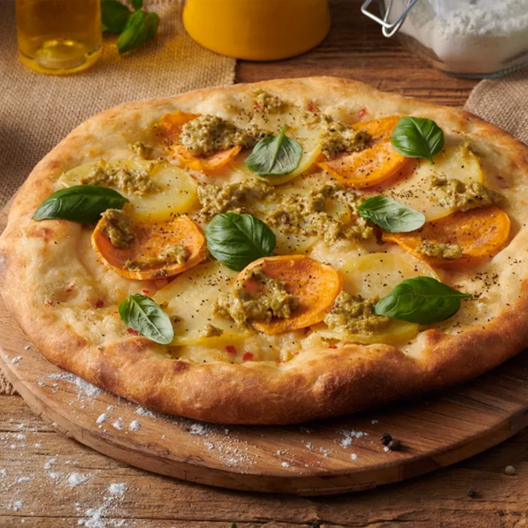 Wegańska pizza z ziemniakami, białym sosem i pesto