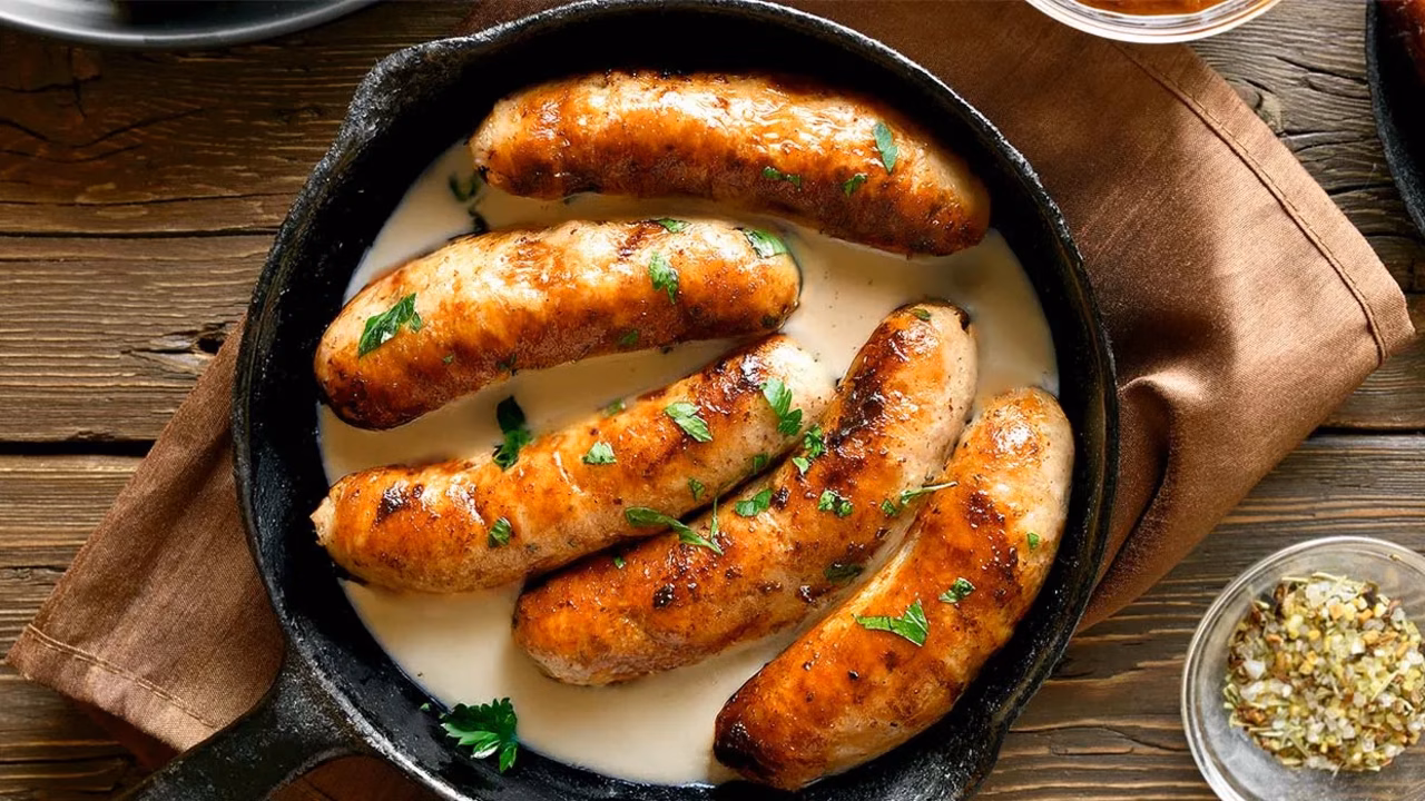 Pieczona biała kiełbasa w sosie chrzanowym