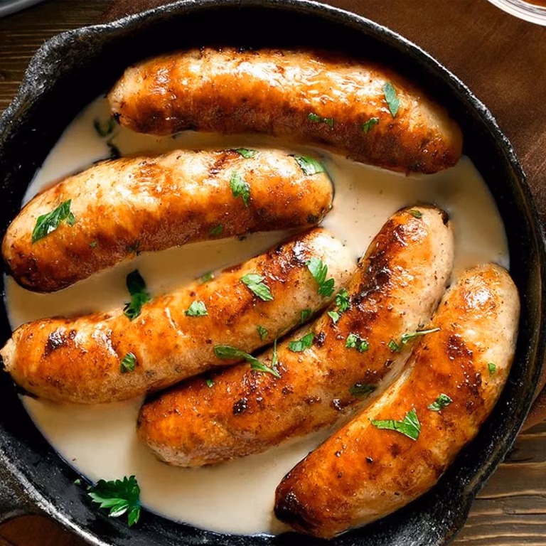 Pieczona biała kiełbasa w sosie chrzanowym
