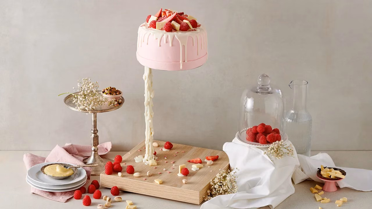 Antygrawitacyjny tort pistacjowo-czekoladowy z malinami
