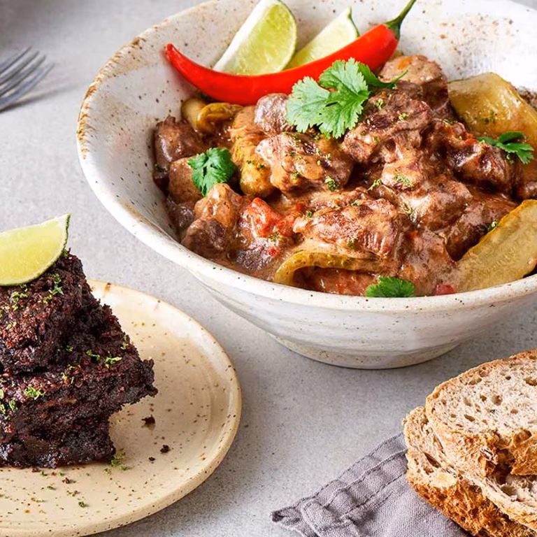 Boeuf Strogonow i brownie z ciecierzycy