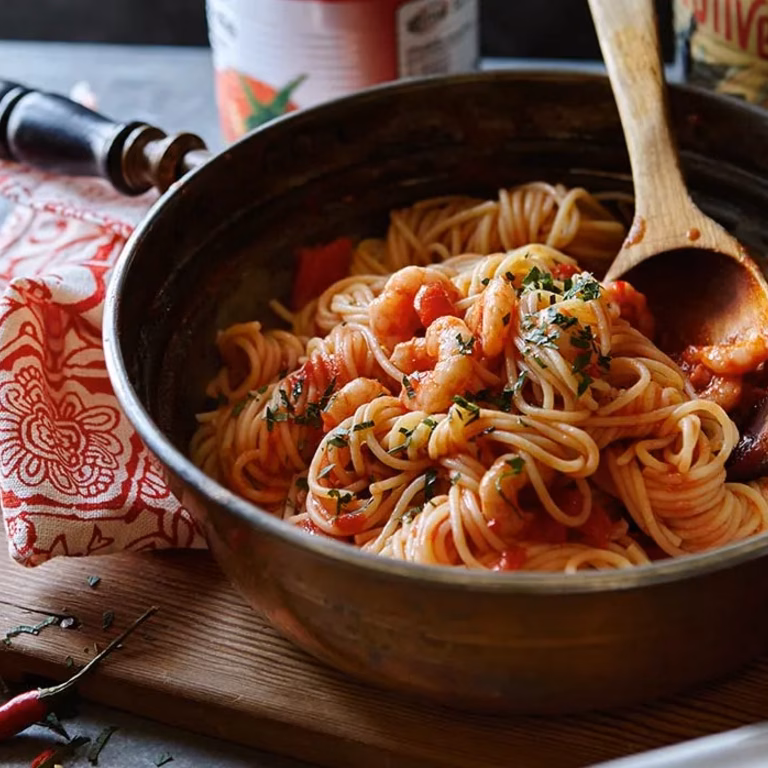 Spaghetti z pikantnym sosem pomidorowym i krewetkami