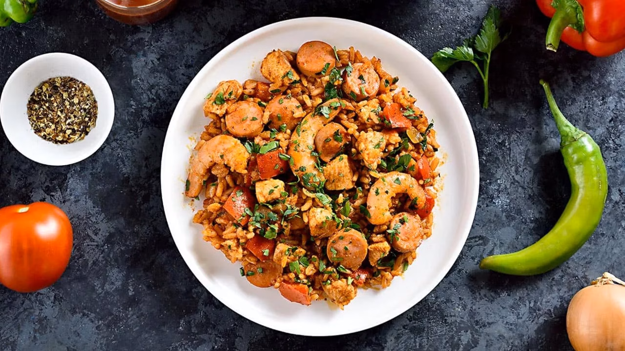 Jambalaya z kurczakiem, kiełbasą i krewetkami