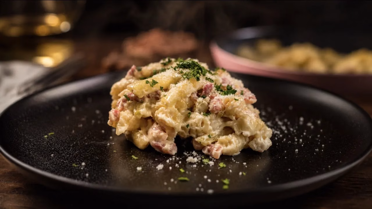Makaron z fasolką szparagową, boczkiem i sosem mascarpone