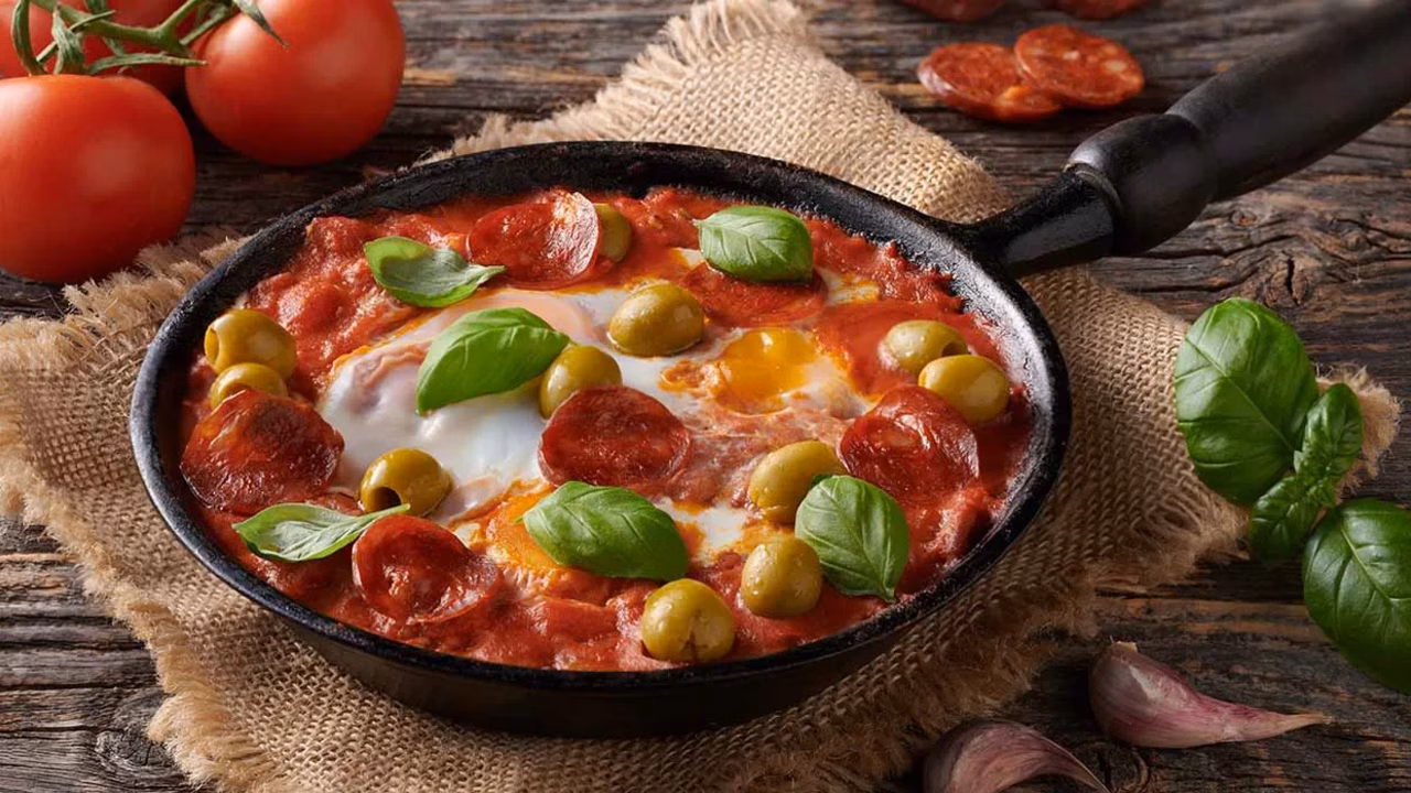 Szakszuka z chorizo i oliwkami
