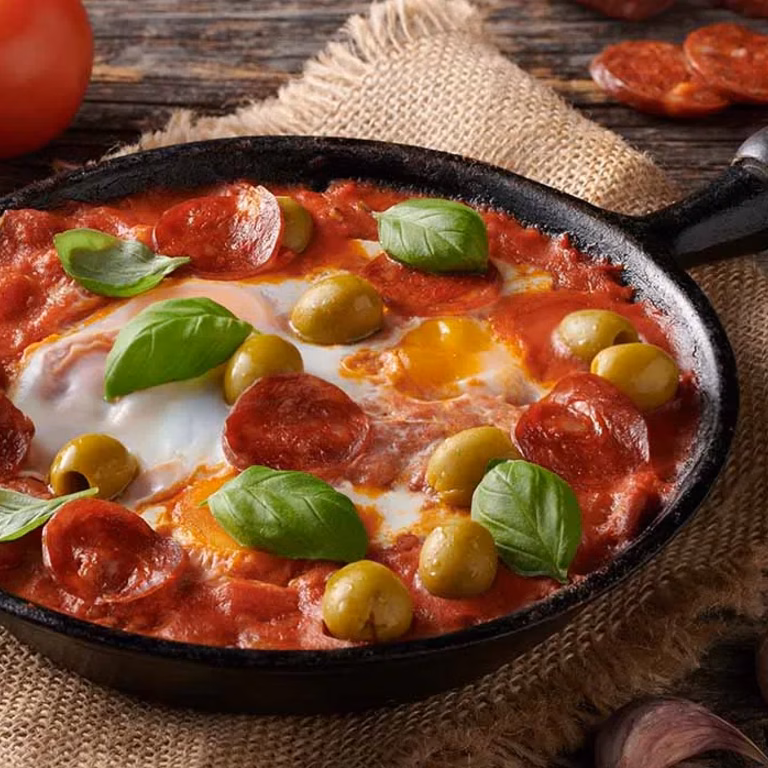 Szakszuka z chorizo i oliwkami