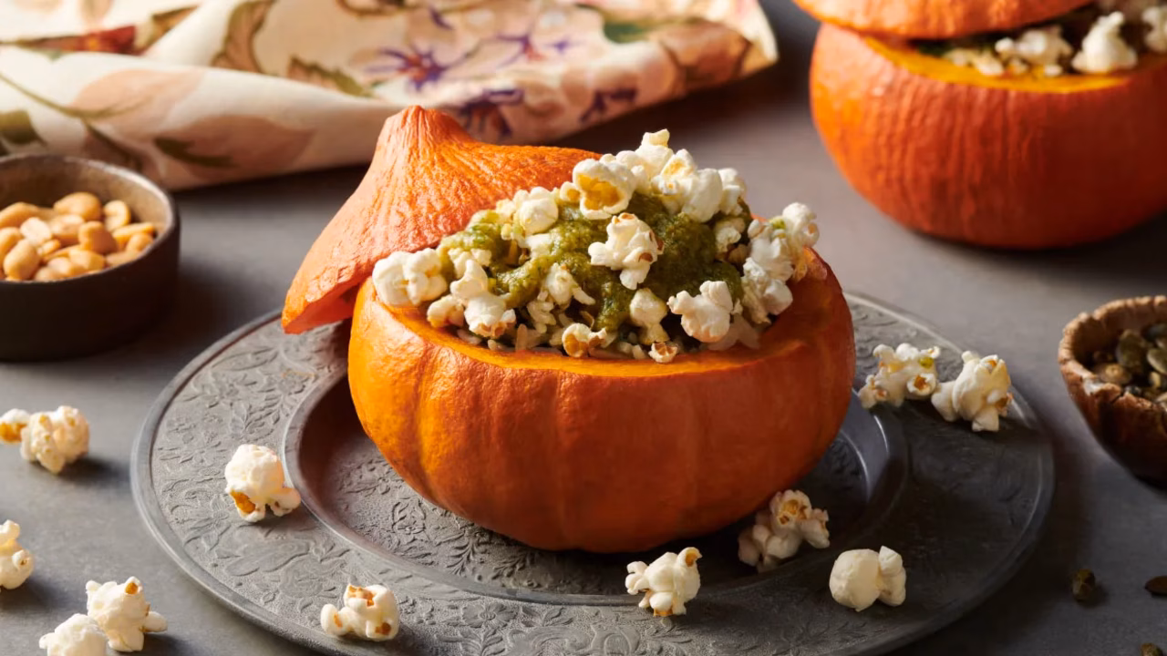 Faszerowana dynia z pesto i popcornem