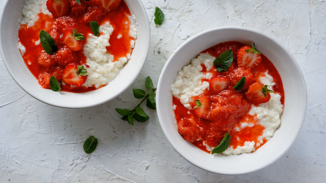 Proteinowy pudding ryżowy z truskawkami