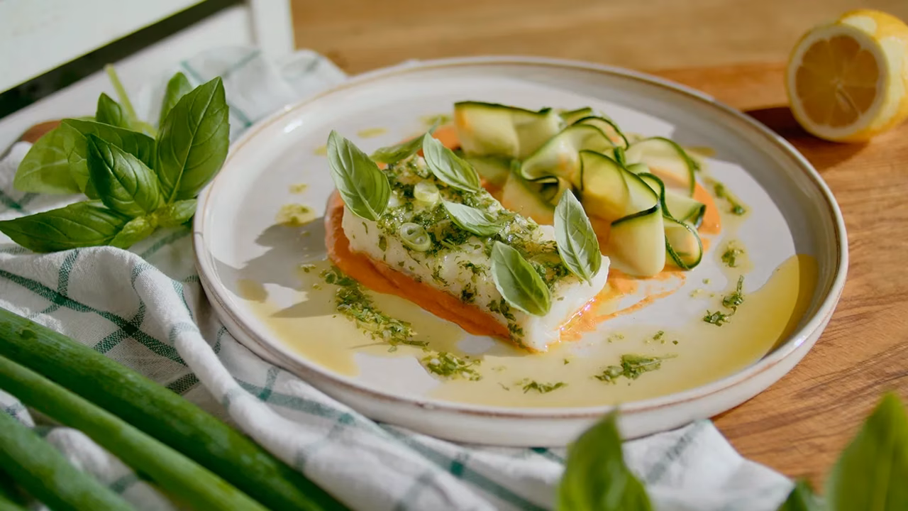 Halibut na parze z sosem paprykowym