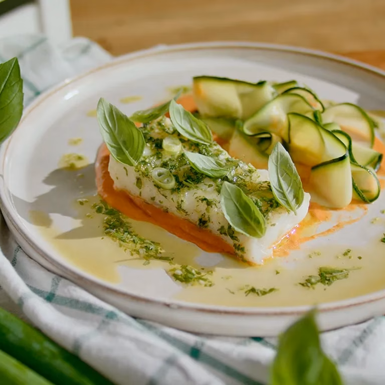 Halibut na parze z sosem paprykowym