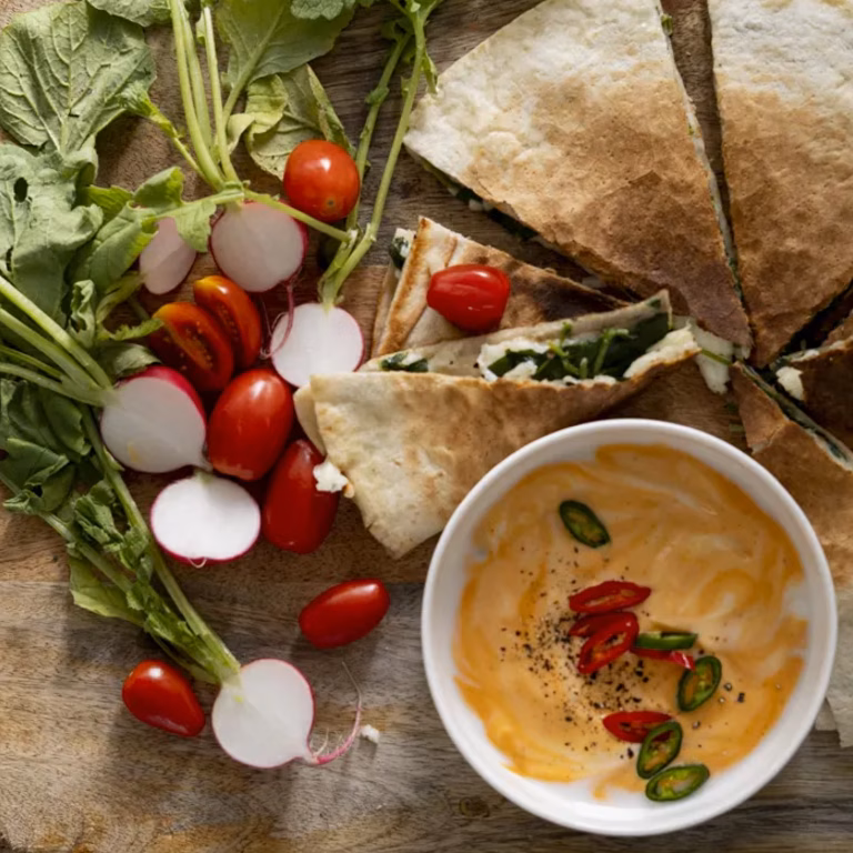 Quesadilla ze szpinakiem i serem halloumi oraz pikantnym sosem