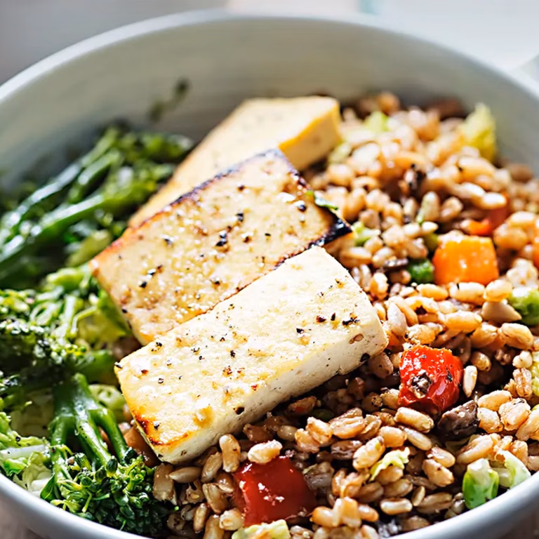 Bowl z kaszą orkiszową, warzywami i tofu