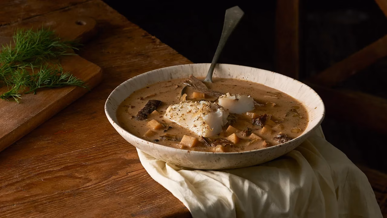Grzybowa zupa z podgrzybków z pieczonym dorszem