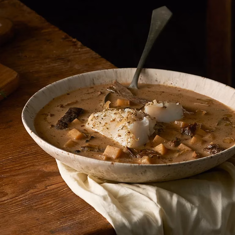 Grzybowa zupa z podgrzybków z pieczonym dorszem