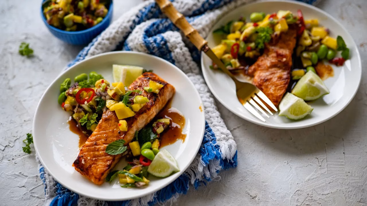 Łosoś teriyaki z salsą z mango