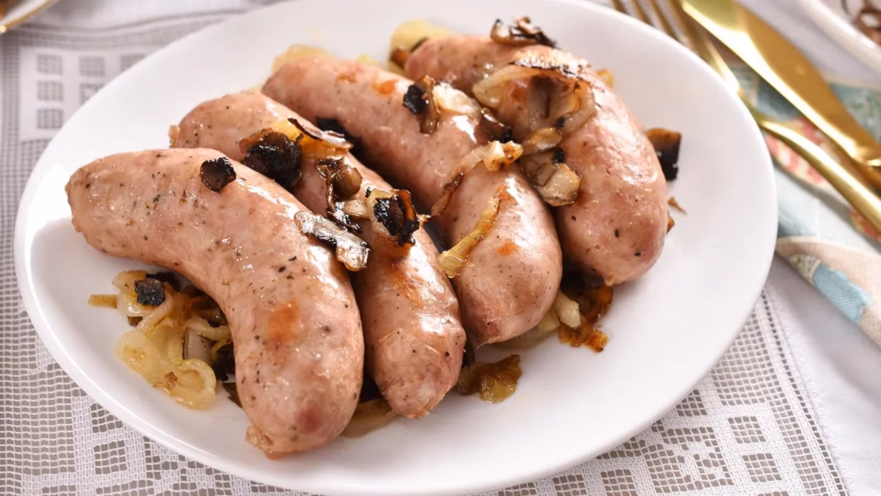 Pieczona biała kiełbasa z cebulą i pieczarkami