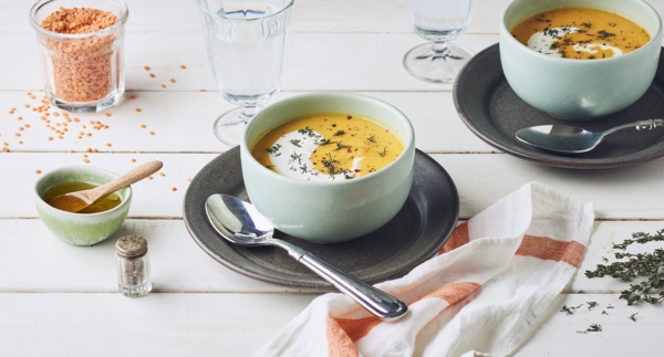 Soupe de lentilles corail, pommes de terre et carottes